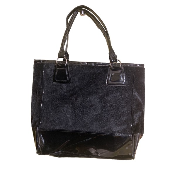 ESSENCE OF BEAUTY tote handbag laptop large purse black faux fur 18 x 14 - Picture 2 of 9